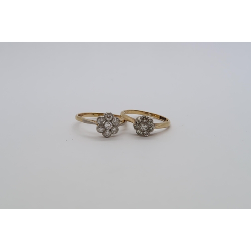 92 - Two 18ct yellow gold hallmarked diamond daisy cluster rings, size L and O/P, approx 4.1 grams