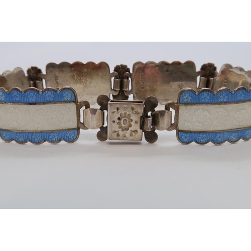 94 - A Harmony silver and enamel bracelet, six rectangular links with floral decoration with blue and whi... 