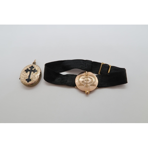 97 - A 9ct rose gold (hallmarked) Mourning bracelet together with a back and front locket