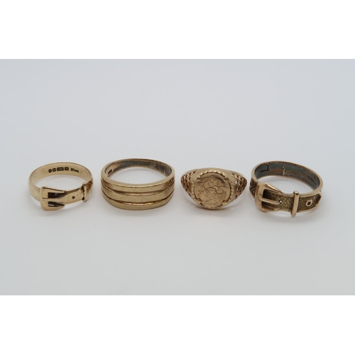 99 - Two 9ct (hallmarked) buckle rings, sizes R & N and two other 9ct rings sizes U & L/M - total weight ... 