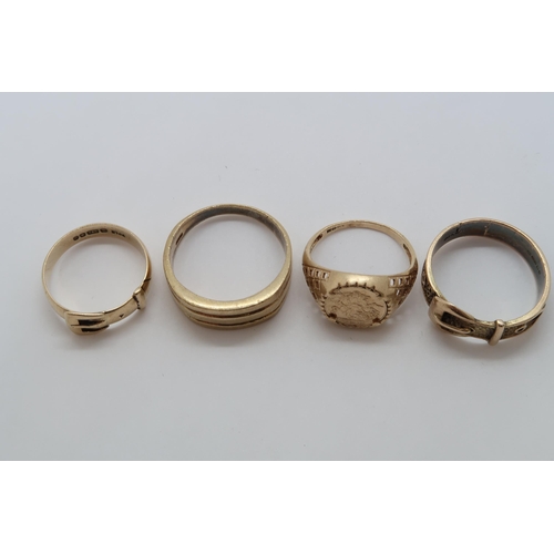 99 - Two 9ct (hallmarked) buckle rings, sizes R & N and two other 9ct rings sizes U & L/M - total weight ... 