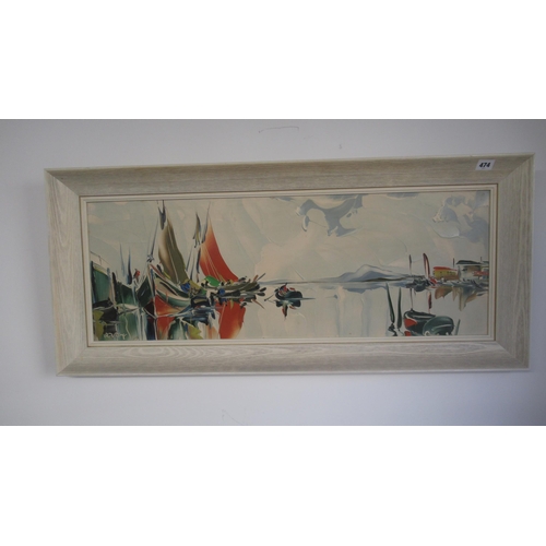 474 - George Deakins - Oil on board - Ships in Harbour, framed - 82cm x 30cm