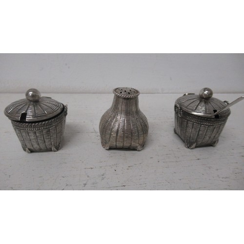 299 - A silver three piece condiment set, approx 2.6 troy oz