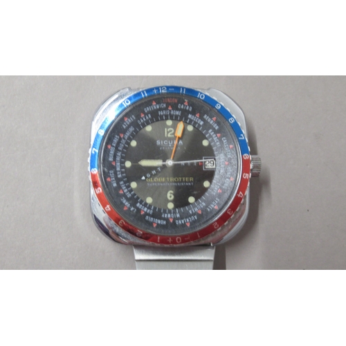292 - SICURA. Globetrotter 70's world timer. Manual 4 hands and sweep seconds. 40mm. Outer numbered bi dir... 