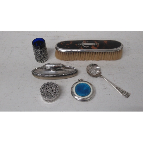 330 - Silver items: Inc enamel box, pill box, tea strainer, brush with tortoiseshell, nail buffer and salt