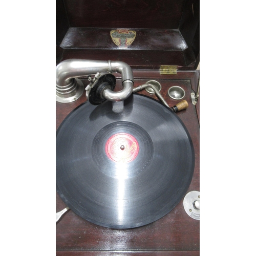 400 - A vintage table top gramaphone stamped Currys Portland with handle, in working order