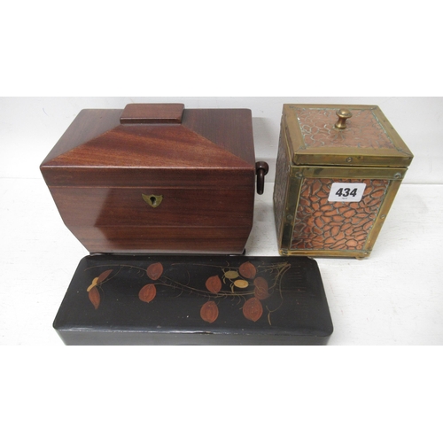 434 - An Arts & Crafts copper and brass tea caddy - 14cm x 10cm - together with a sarcophagus shape mahoga... 