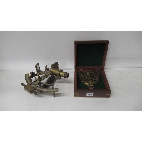 448 - A brass sextant - Henry Barrow & Co London - 22cm - and a brass sundial compass 11cm - boxed