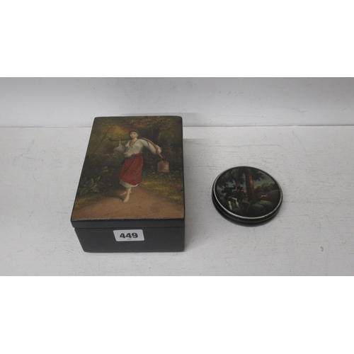 449 - Two hand painted boxes - rectangular with milkmaid - 16.5cm x 12cm x 7cm - round with hunting scene,... 