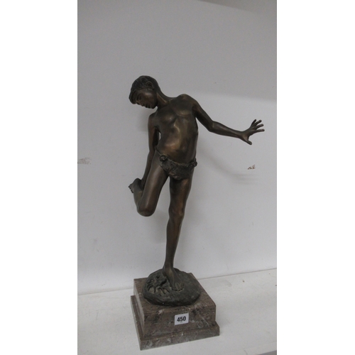 450 - A bronze figure of a boy with crab signed Delotto - Annibale De Lotto - good patina on square grey m... 