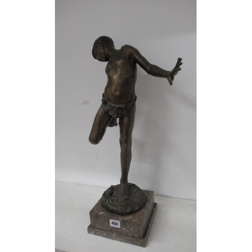 450 - A bronze figure of a boy with crab signed Delotto - Annibale De Lotto - good patina on square grey m... 