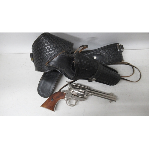 462 - A modern Western style holster rig with nickel plated non firing replica Colt SA .45 - well made lea... 