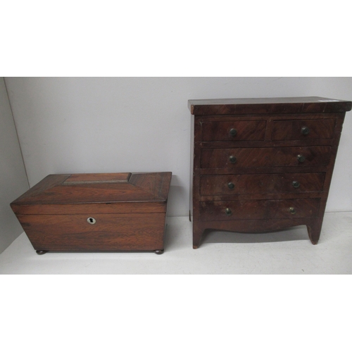 611 - A 19th century miniature chest of drawers - 30cm x 28cm and a 19th century tea caddy