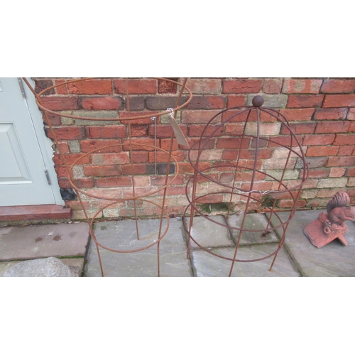 651 - A Peony iron plant support - Height 114cm together with a lobster cage plant support - Height 90cm