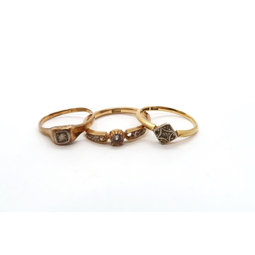 72 - Three 18ct (hallmarked) yellow gold and diamond rings for repair - stone missing, bent etc - ring si... 