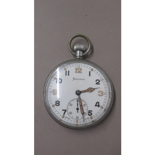 313 - HELVETIA metal cased pocket watch. 52mm. Luminous hands. Military marking to rear. Working in salero... 