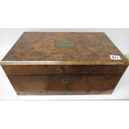 611 - A 19th century burr walnut writing box with a fitted interior with two inkwells - Width 40cm