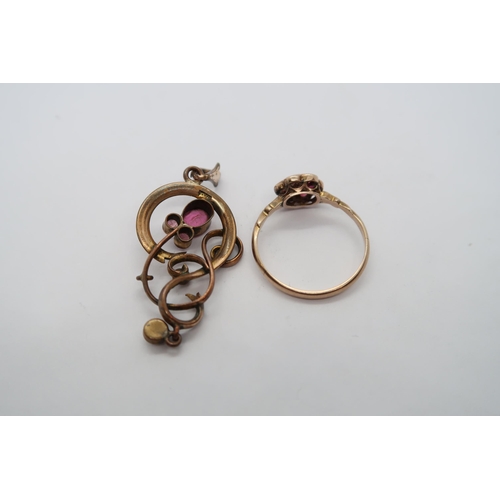 26 - An Edwardian 9ct hallmarked pendant with seed pearls and pink paste, 5cm, together with a 9ct hallma... 