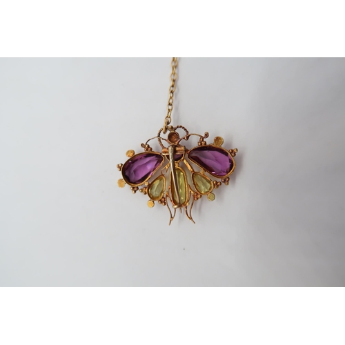 70 - A Victorian amethyst and citrine butterfly shaped brooch, approx 3cm, approx 3.2 grams