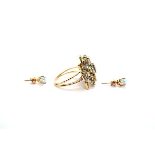 98 - A contemporary designer 18ct yellow gold bespoke hand made aquamarine ring and a pair of aquamarine ... 