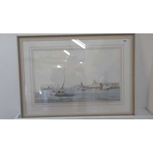 598 - Richard Joicey, signed watercolour of Portsmouth harbour, framed and glazed, 61cm x 38cm