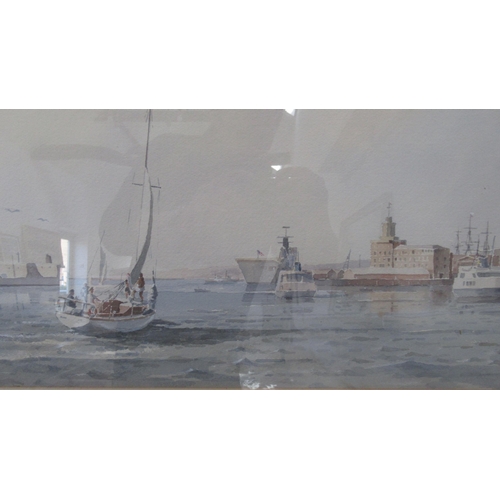 598 - Richard Joicey, signed watercolour of Portsmouth harbour, framed and glazed, 61cm x 38cm