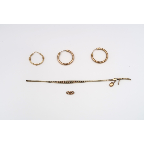 104 - A pair of yellow gold earrings and one singular along with scrap 9ct chain, approx 10.3 grams