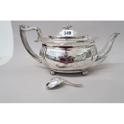 349 - A silver tea pot and a silver caddy spoon - approx weight 22 troy oz - hallmarks rubbed