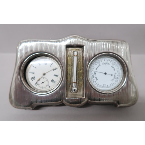 372 - A silver hallmarked desk clock, thermometer, mercury and barometer all held in silver desk stand - M... 