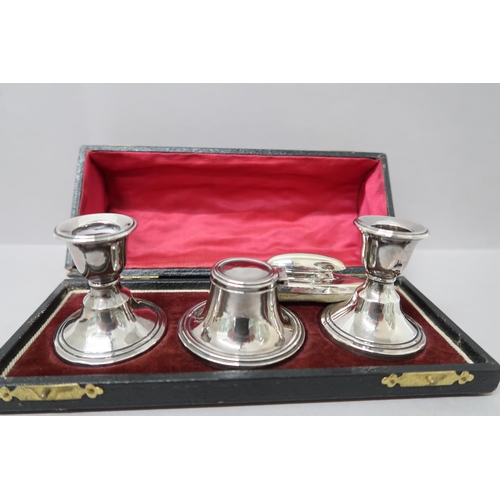 374 - A pair of hallmarked candlesticks 1911 and Capstan inkwell and blotter