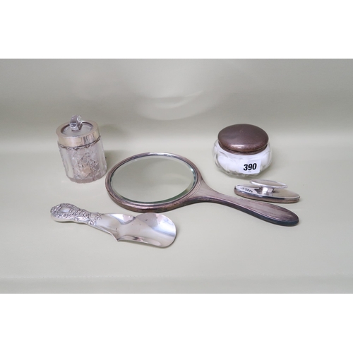 390 - Silver hallmarked items including shoe horn, butter, hand mirror powder, cut glass pot with lid and ... 