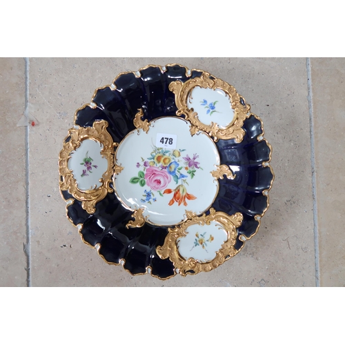 478 - A Meissen blue and gold dish in good condition, 30cm diameter