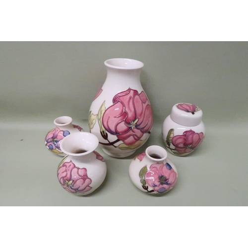 486A - Moorcroft Pottery - Five items, cream ground, possibly Magnolia - Height of largest 20cm x 13cm Diam... 