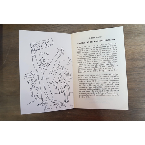 491 - A Roald Dahl Charlie and the Chocolate Factory book - The inner page with a drawing signed by Quenti... 