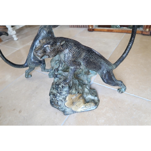 510 - A large bronze sculpture of opposing Jaguars climbing tree stump, signature to one corner - Height 4... 