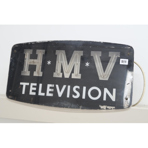 511 - An H.M.V. television advertising board, illuminated, 53cm wide x 29cm high x 7cm deep