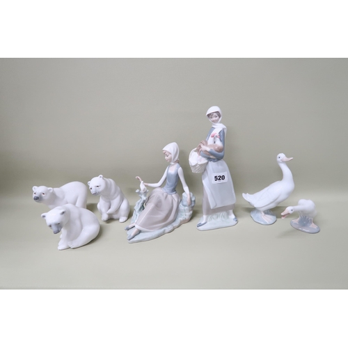 520 - Six Lladro figures including Polar Bears (3), Goose and seated Lady with Bird, one Nao Goose include... 