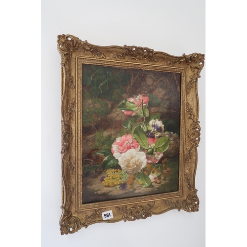 591 - Thomas Worsey - Oil on canvas still life of mixed flowers - 40cm x 32cm - dated 1857 - signed lower ... 