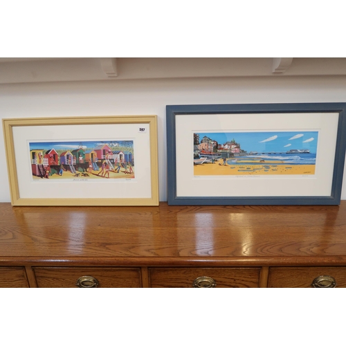 597 - Two prints of Norfolk, Beach huts at Wells and Cromer, by Lewis