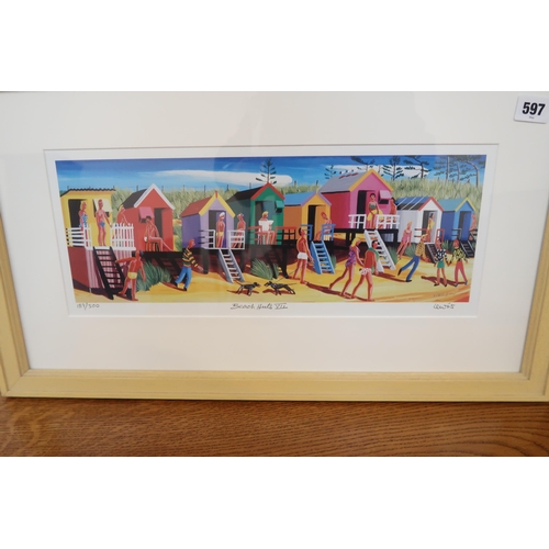 597 - Two prints of Norfolk, Beach huts at Wells and Cromer, by Lewis