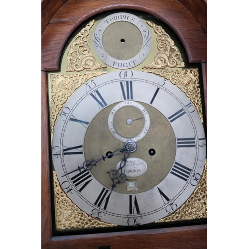 612 - An 8 day Grandfather clock with a brass dial with a plaque for Hanson London, in an oak case with we... 