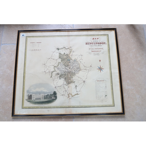 661 - A framed map of Huntingdon Castle by Greenwood circa 1829 - 77cm x 65cm