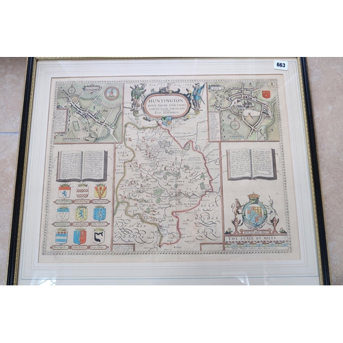 663 - A coloured map of Huntingdon by Speed/Overton circa 1701 - 54cm x 40cm