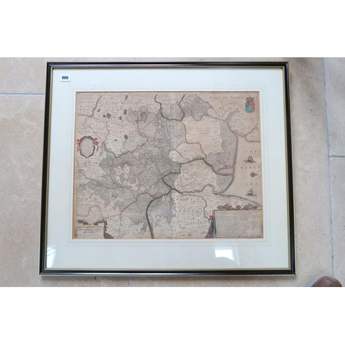 666 - A framed map Ioannis Lansonil of Fens circa 1650 - Cambridge to the North Sea