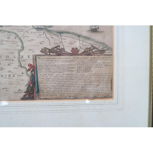 666 - A framed map Ioannis Lansonil of Fens circa 1650 - Cambridge to the North Sea