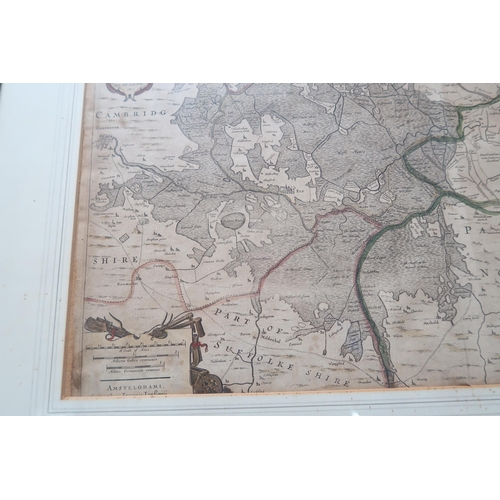 666 - A framed map Ioannis Lansonil of Fens circa 1650 - Cambridge to the North Sea