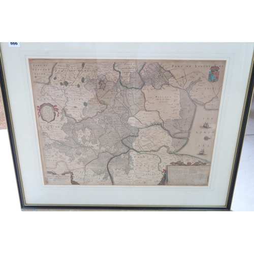 666 - A framed map Ioannis Lansonil of Fens circa 1650 - Cambridge to the North Sea