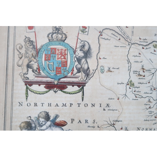 667 - A framed map of Huntingdonshire by Blaeu - double sided - 53cm x 44cm - 1647