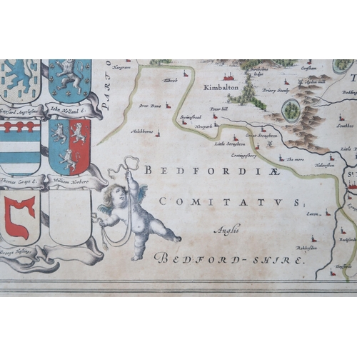 667 - A framed map of Huntingdonshire by Blaeu - double sided - 53cm x 44cm - 1647