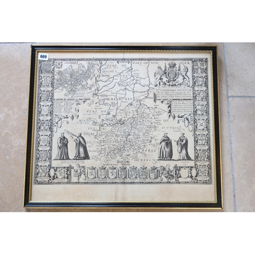 669 - A John Speed double sided map of Cambs & Suffolk circa 1610 - 53cm x 45cm